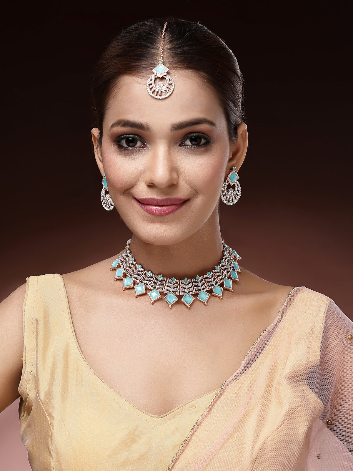 Sukkhi Modern Rose Gold Plated AD Stones & Beads Choker Necklace Set With Earring And Maangtika | Jewellery Set For Women|NS107533