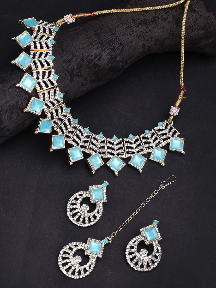 Sukkhi Beautiful Gold Plated AD Stones & Beads Choker Necklace Set With Earring And Maangtika | Jewellery Set For Women|NS107534