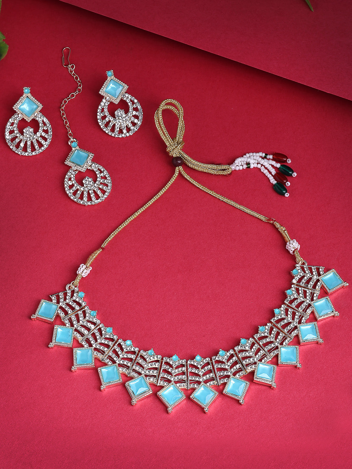 Sukkhi Beautiful Gold Plated AD Stones & Beads Choker Necklace Set With Earring And Maangtika | Jewellery Set For Women|NS107534