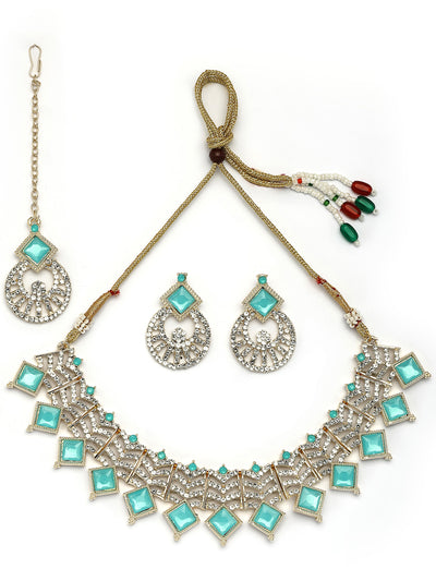 Sukkhi Beautiful Gold Plated AD Stones & Beads Choker Necklace Set With Earring And Maangtika | Jewellery Set For Women|NS107534