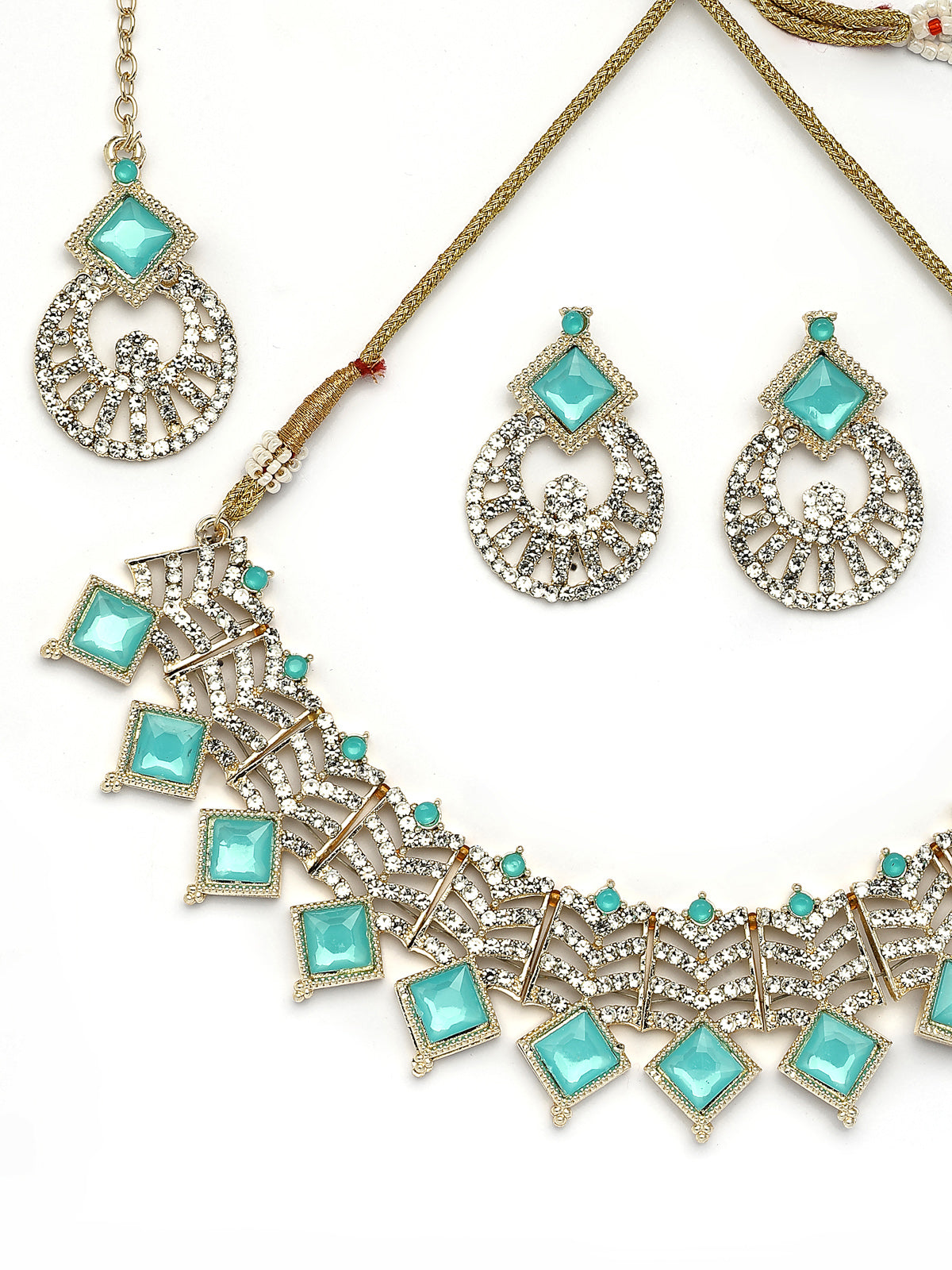 Sukkhi Beautiful Gold Plated AD Stones & Beads Choker Necklace Set With Earring And Maangtika | Jewellery Set For Women|NS107534