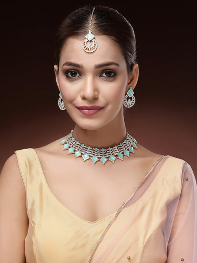 Sukkhi Beautiful Gold Plated AD Stones & Beads Choker Necklace Set With Earring And Maangtika | Jewellery Set For Women|NS107534