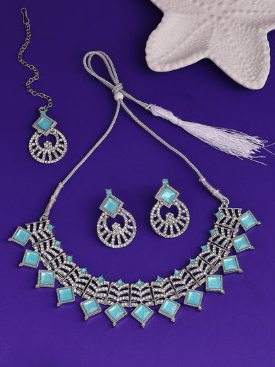 Sukkhi Classic Rhodium Plated AD Stones & Beads Choker Necklace Set With Earring And Maangtika | Jewellery Set For Women|NS107535