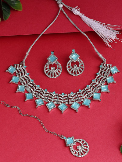 Sukkhi Classic Rhodium Plated AD Stones & Beads Choker Necklace Set With Earring And Maangtika | Jewellery Set For Women|NS107535