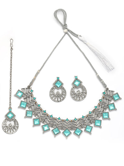 Sukkhi Classic Rhodium Plated AD Stones & Beads Choker Necklace Set With Earring And Maangtika | Jewellery Set For Women|NS107535