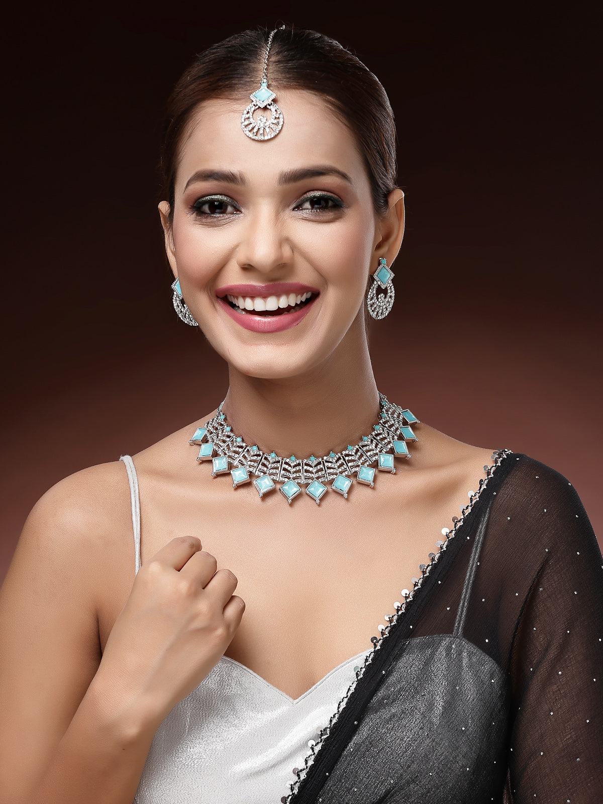 Sukkhi Classic Rhodium Plated AD Stones & Beads Choker Necklace Set With Earring And Maangtika | Jewellery Set For Women|NS107535