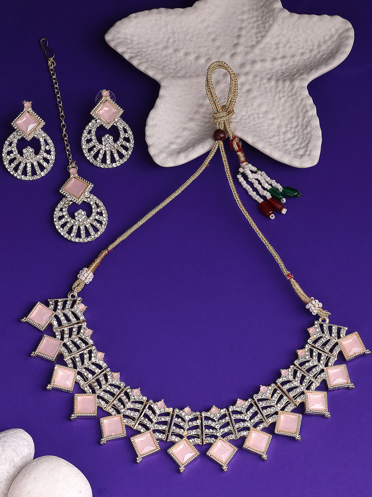 Sukkhi Pretty Gold Plated AD Stones & Beads Choker Necklace Set With Earring And Maangtika | Jewellery Set For Women|NS107536