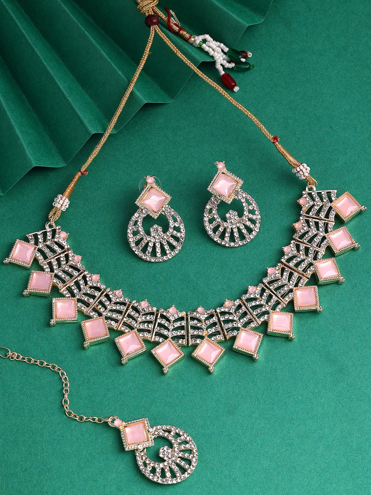 Sukkhi Pretty Gold Plated AD Stones & Beads Choker Necklace Set With Earring And Maangtika | Jewellery Set For Women|NS107536