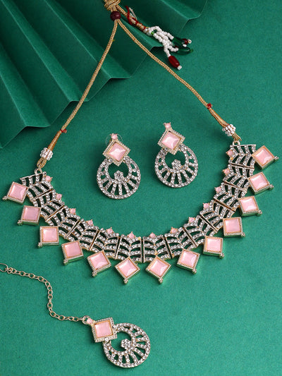 Sukkhi Pretty Gold Plated AD Stones & Beads Choker Necklace Set With Earring And Maangtika | Jewellery Set For Women|NS107536