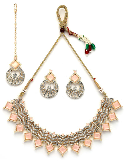 Sukkhi Pretty Gold Plated AD Stones & Beads Choker Necklace Set With Earring And Maangtika | Jewellery Set For Women|NS107536