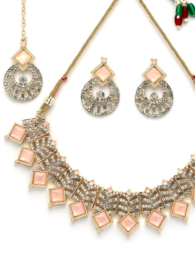 Sukkhi Pretty Gold Plated AD Stones & Beads Choker Necklace Set With Earring And Maangtika | Jewellery Set For Women|NS107536