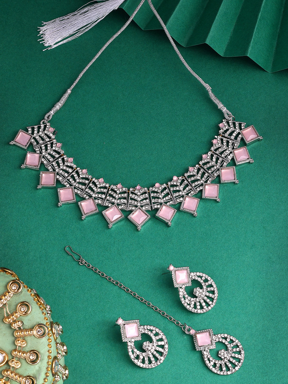 Sukkhi Charming Rhodium Plated AD Stones & Beads Choker Necklace Set With Earring And Maangtika | Jewellery Set For Women|NS107537