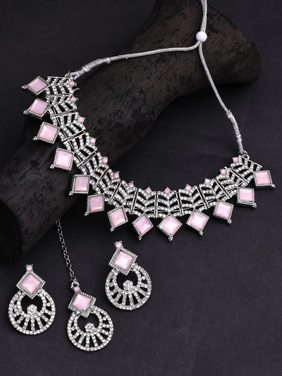 Sukkhi Charming Rhodium Plated AD Stones & Beads Choker Necklace Set With Earring And Maangtika | Jewellery Set For Women|NS107537