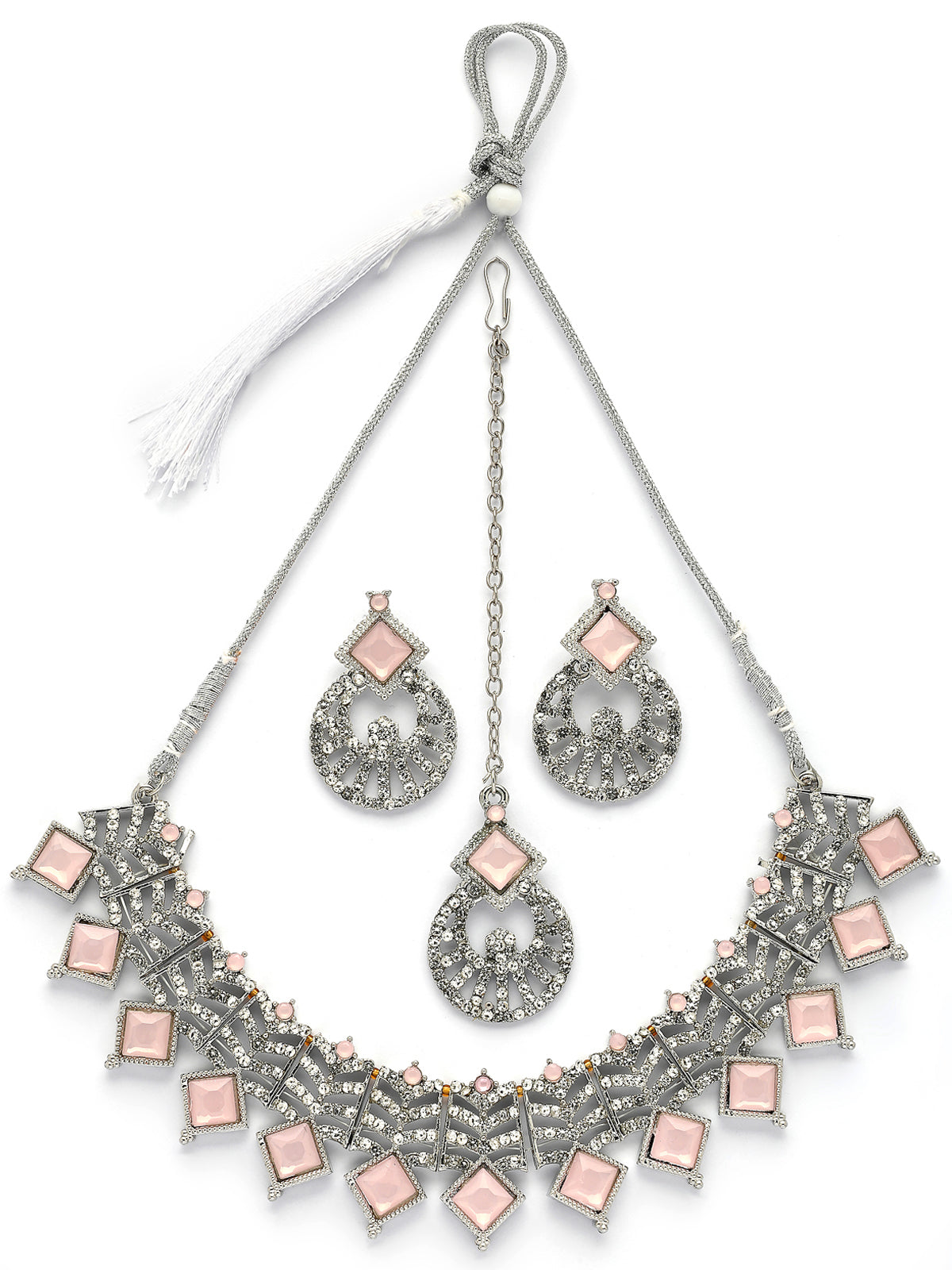 Sukkhi Charming Rhodium Plated AD Stones & Beads Choker Necklace Set With Earring And Maangtika | Jewellery Set For Women|NS107537