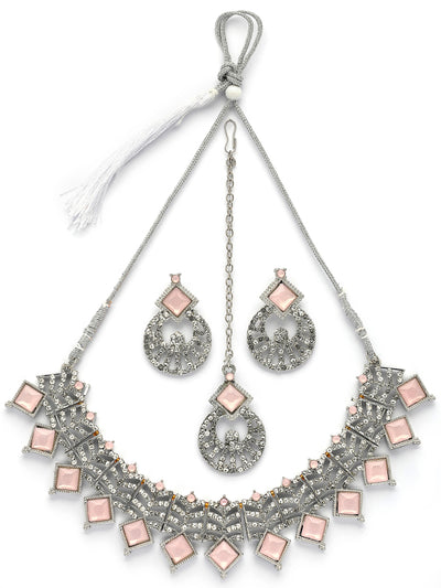 Sukkhi Charming Rhodium Plated AD Stones & Beads Choker Necklace Set With Earring And Maangtika | Jewellery Set For Women|NS107537