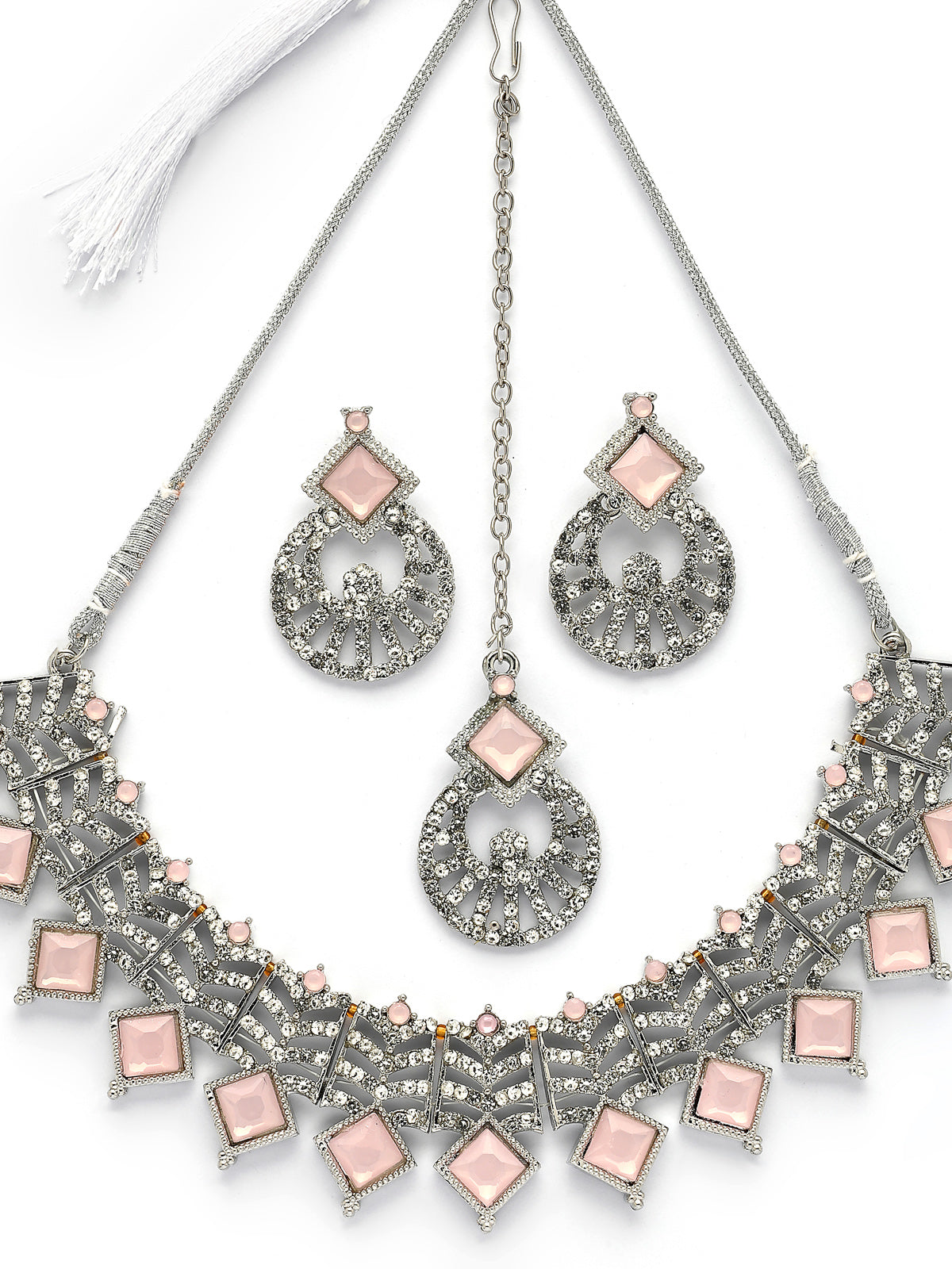 Sukkhi Charming Rhodium Plated AD Stones & Beads Choker Necklace Set With Earring And Maangtika | Jewellery Set For Women|NS107537