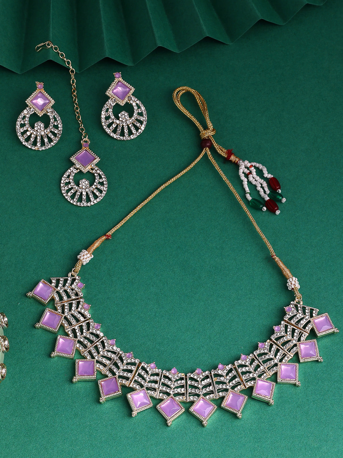 Sukkhi Classical Gold Plated AD Stones & Beads Choker Necklace Set With Earring And Maangtika | Jewellery Set For Women|NS107538