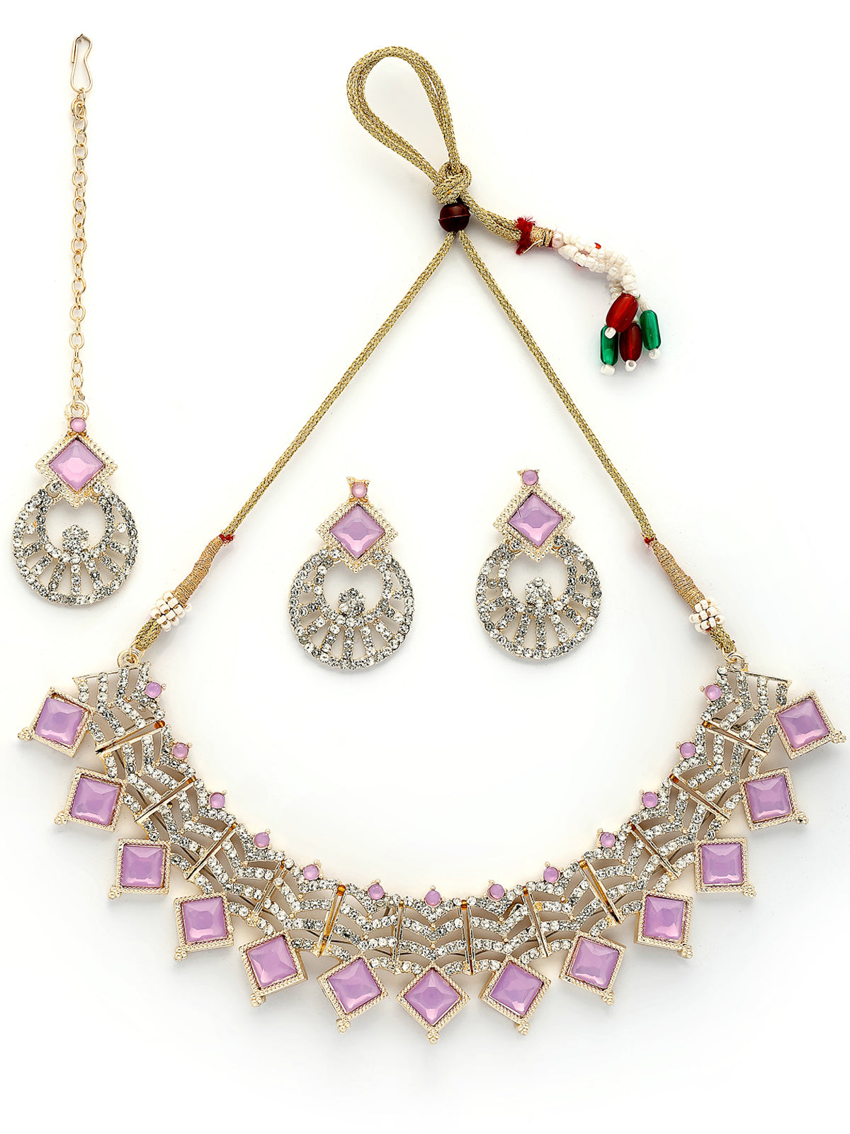 Sukkhi Classical Gold Plated AD Stones & Beads Choker Necklace Set With Earring And Maangtika | Jewellery Set For Women|NS107538