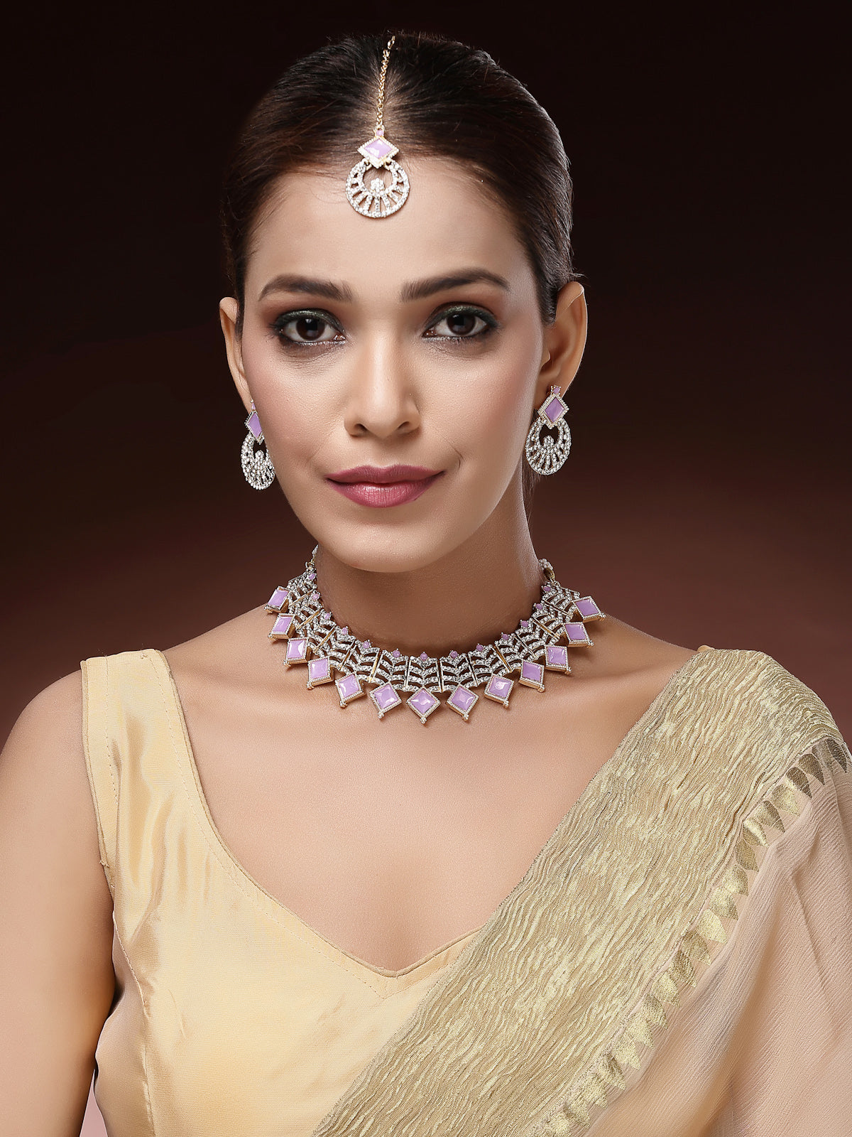 Sukkhi Classical Gold Plated AD Stones & Beads Choker Necklace Set With Earring And Maangtika | Jewellery Set For Women|NS107538