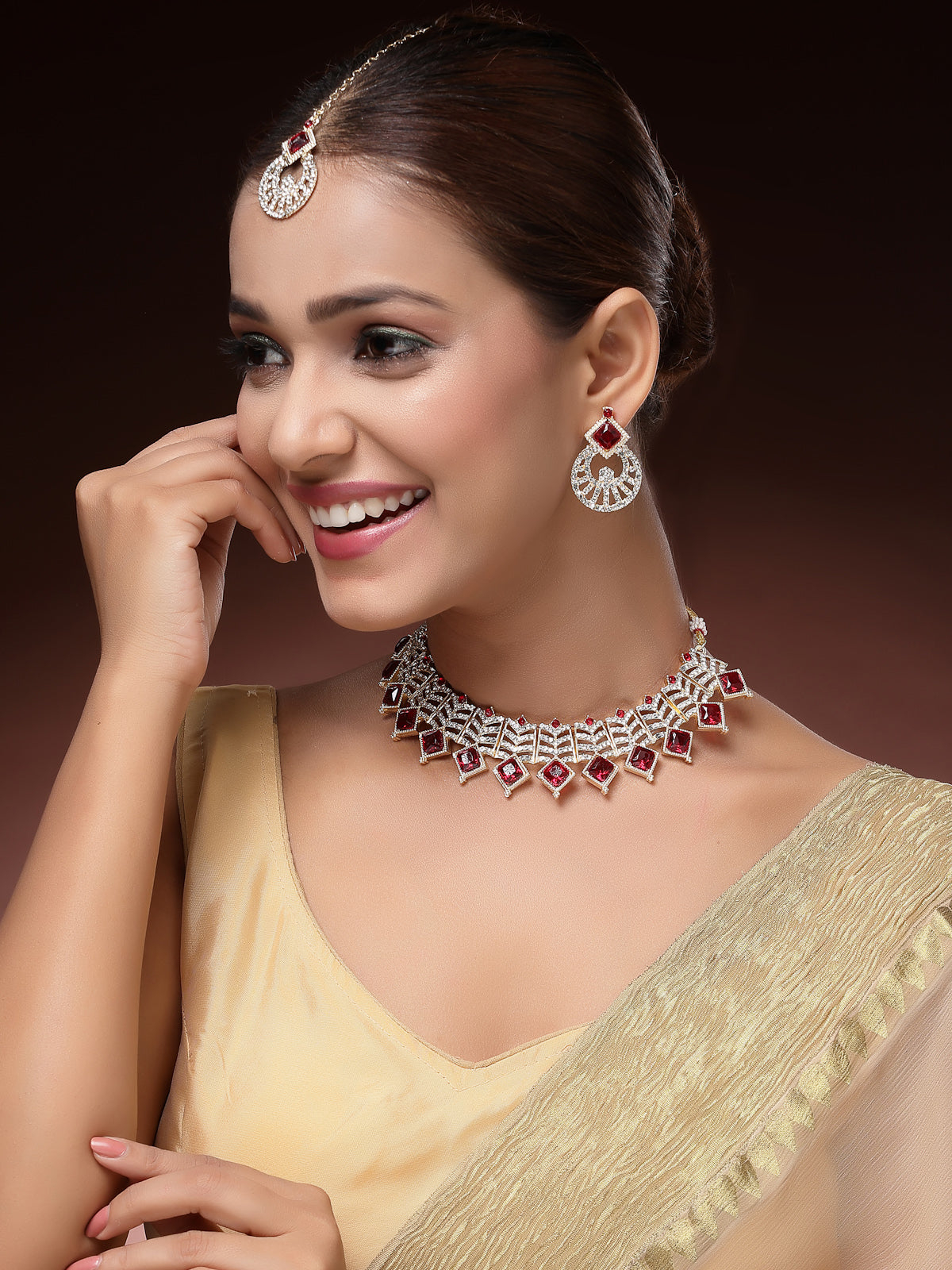 Sukkhi Admirable Gold Plated AD Stones & Beads Choker Necklace Set With Earring And Maangtika | Jewellery Set For Women|NS107539
