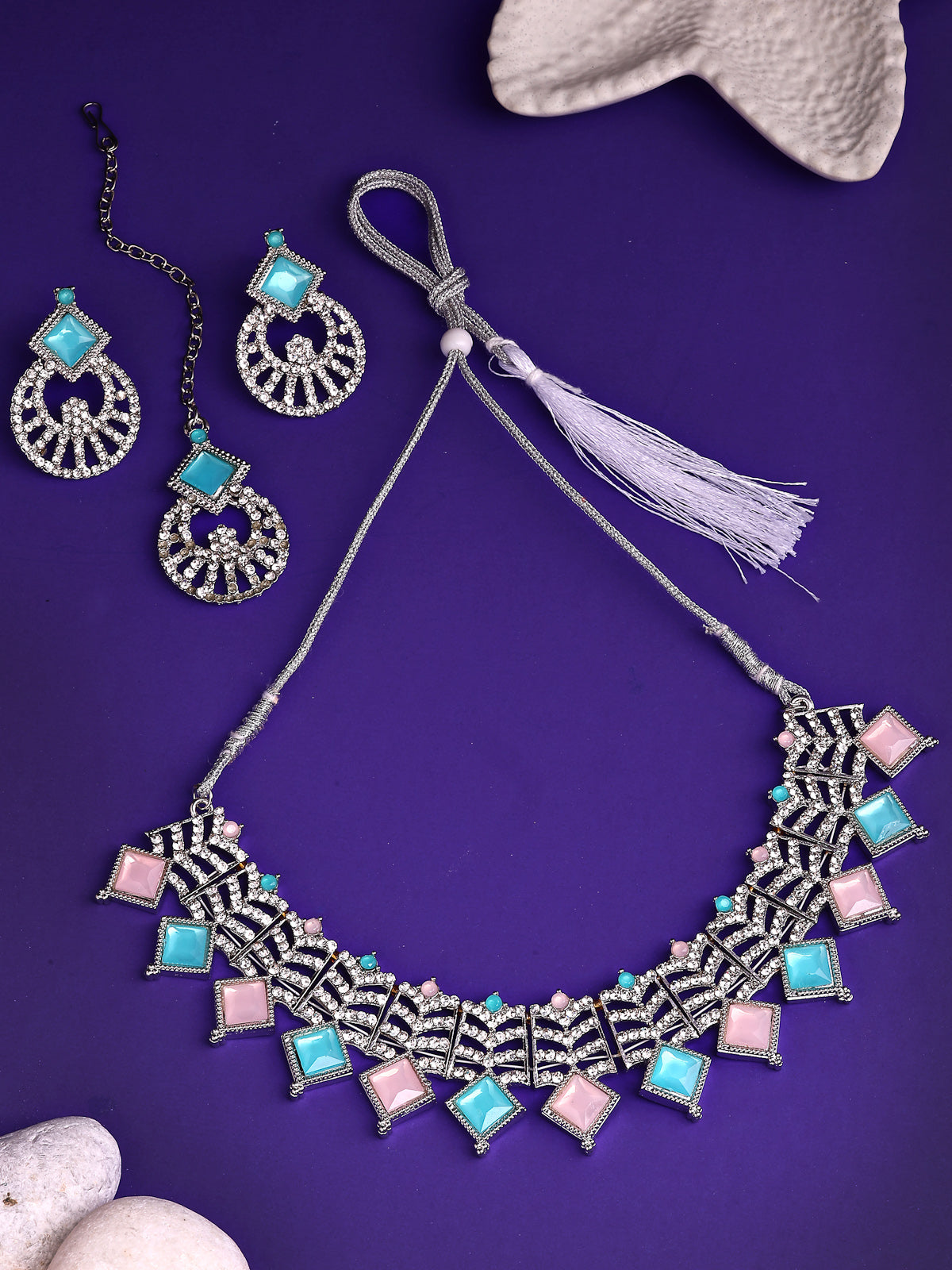 Sukkhi Attractive Rhodium Plated AD Stones & Beads Choker Necklace Set With Earring And Maangtika | Jewellery Set For Women|NS107540