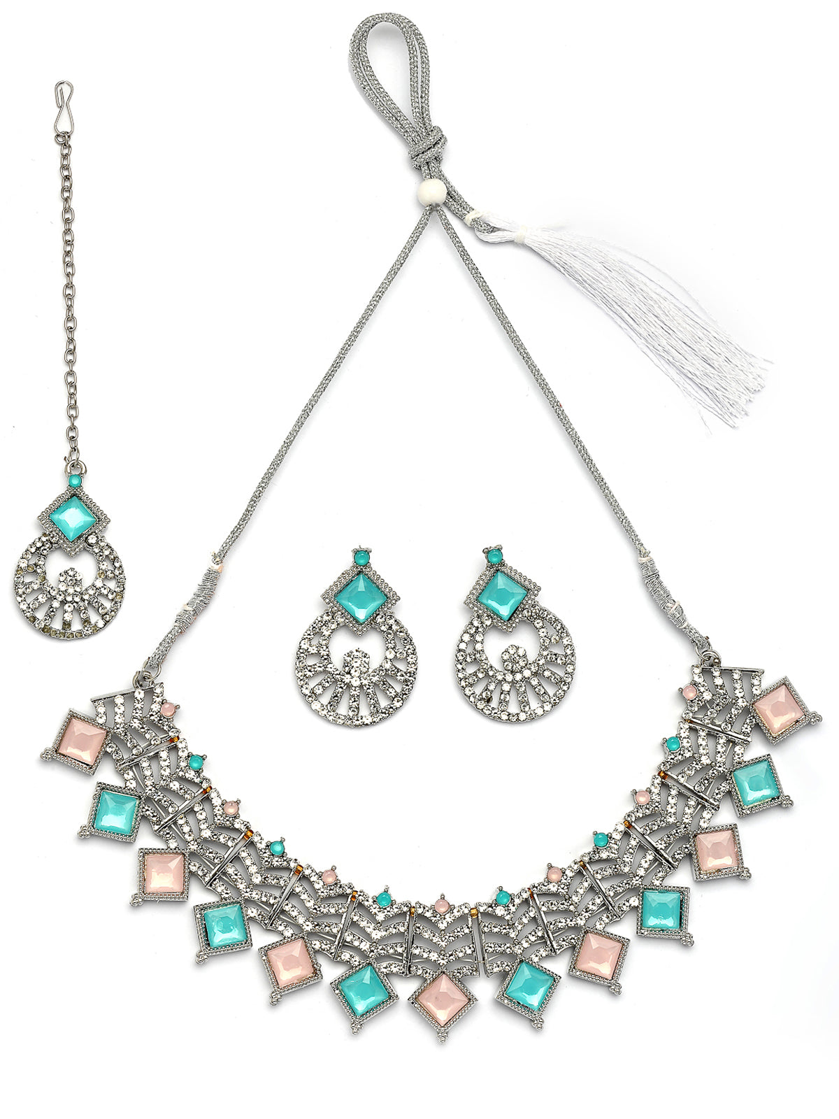 Sukkhi Attractive Rhodium Plated AD Stones & Beads Choker Necklace Set With Earring And Maangtika | Jewellery Set For Women|NS107540