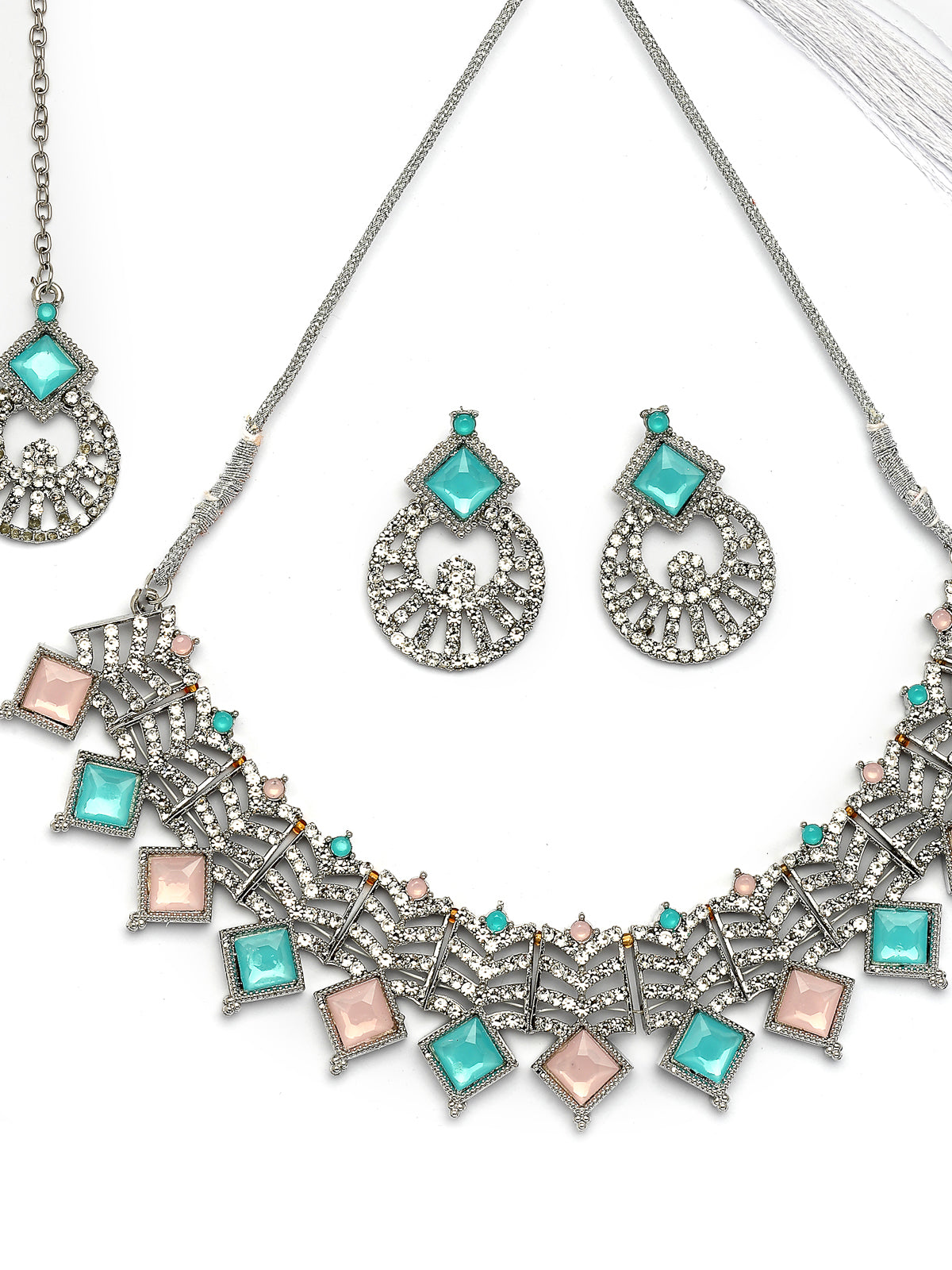 Sukkhi Attractive Rhodium Plated AD Stones & Beads Choker Necklace Set With Earring And Maangtika | Jewellery Set For Women|NS107540