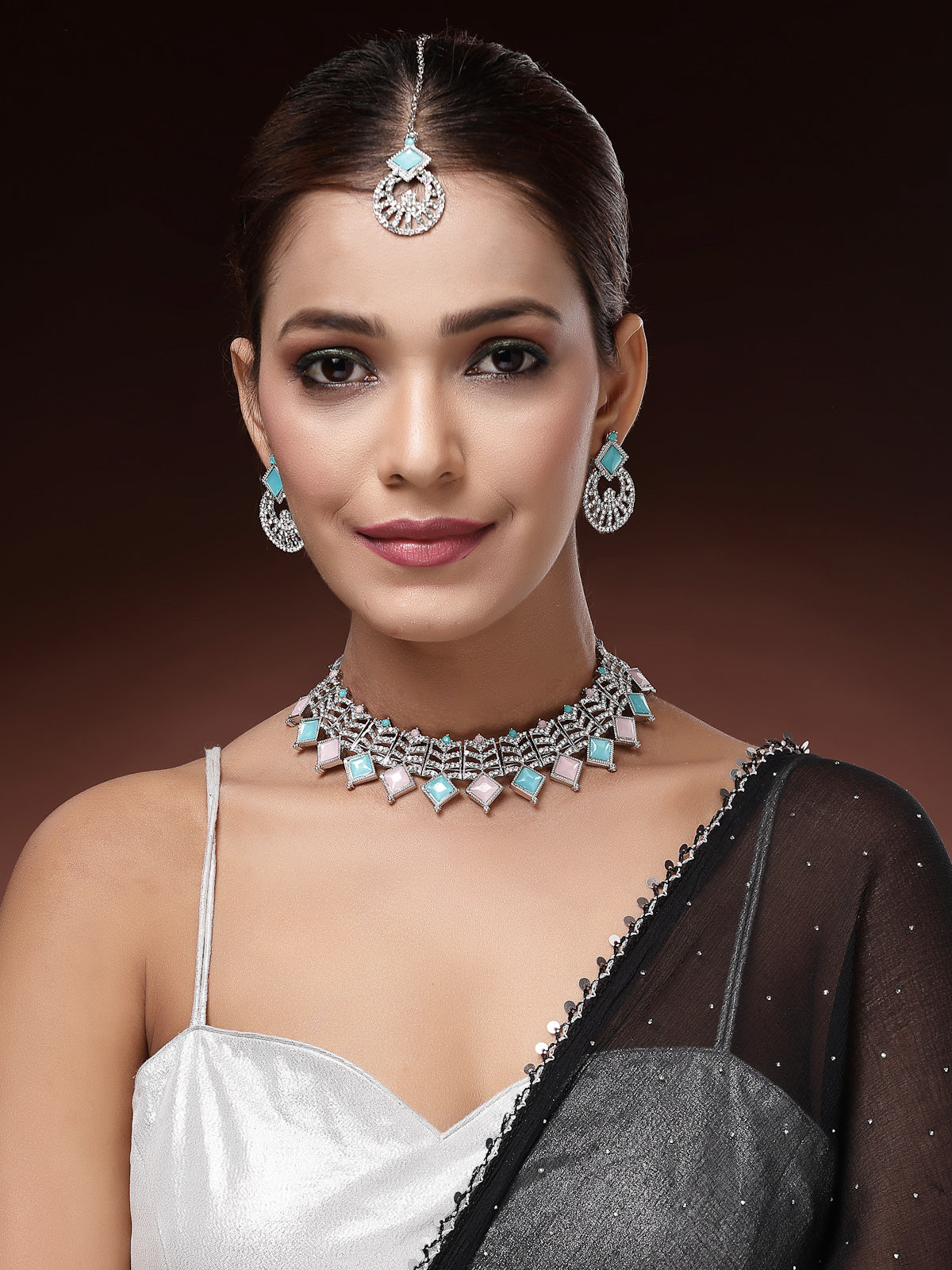 Sukkhi Attractive Rhodium Plated AD Stones & Beads Choker Necklace Set With Earring And Maangtika | Jewellery Set For Women|NS107540