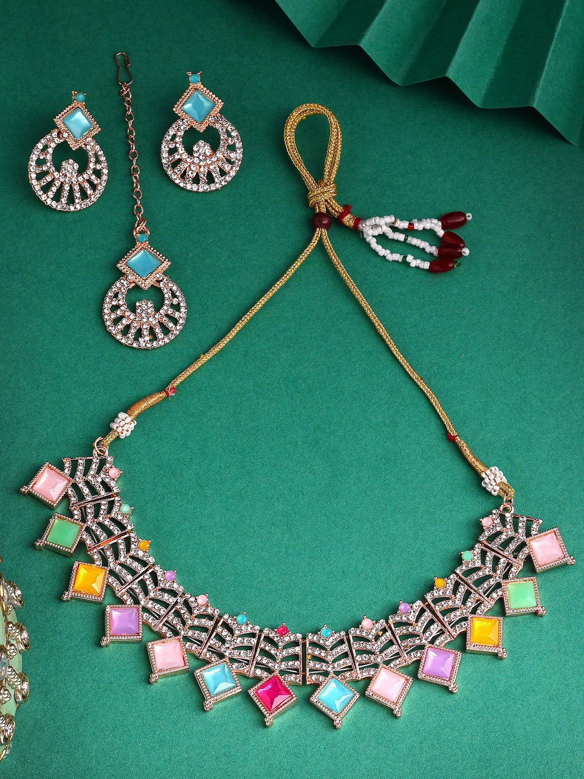 Sukkhi Charming Rose Gold Plated AD Stones & Beads Choker Necklace Set With Earring And Maangtika | Jewellery Set For Women|NS107541