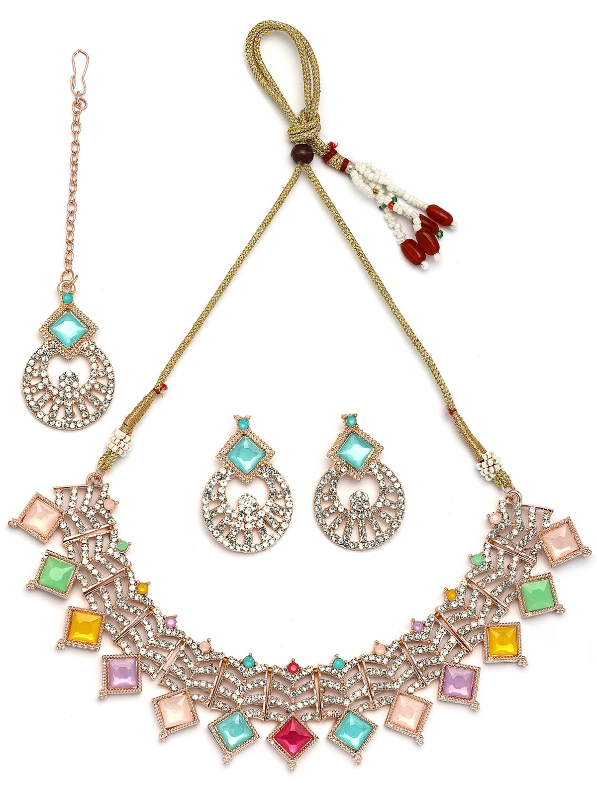 Sukkhi Charming Rose Gold Plated AD Stones & Beads Choker Necklace Set With Earring And Maangtika | Jewellery Set For Women|NS107541