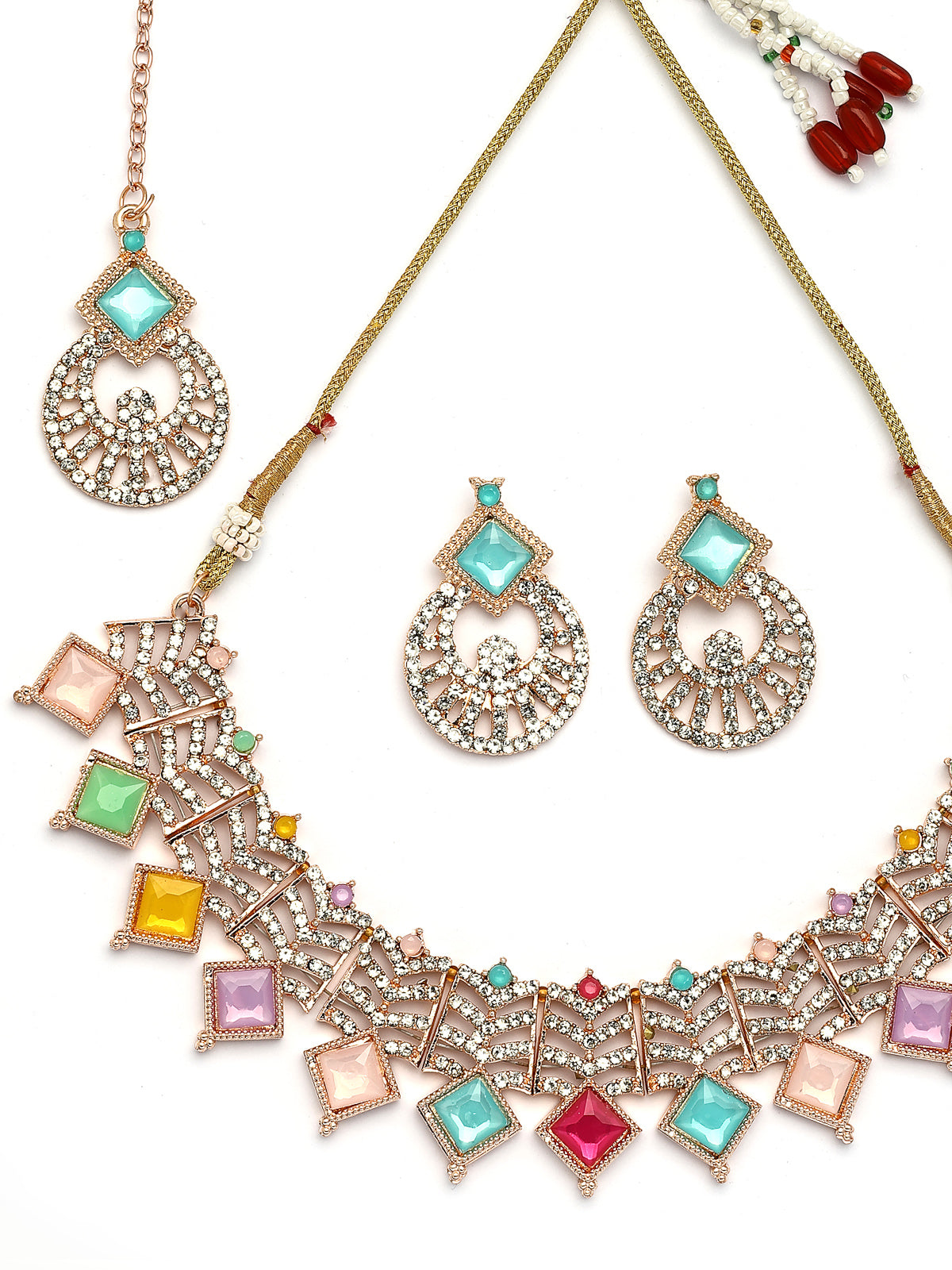 Sukkhi Charming Rose Gold Plated AD Stones & Beads Choker Necklace Set With Earring And Maangtika | Jewellery Set For Women|NS107541