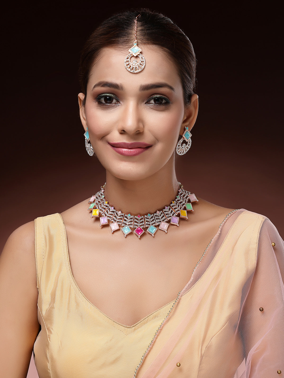 Sukkhi Charming Rose Gold Plated AD Stones & Beads Choker Necklace Set With Earring And Maangtika | Jewellery Set For Women|NS107541