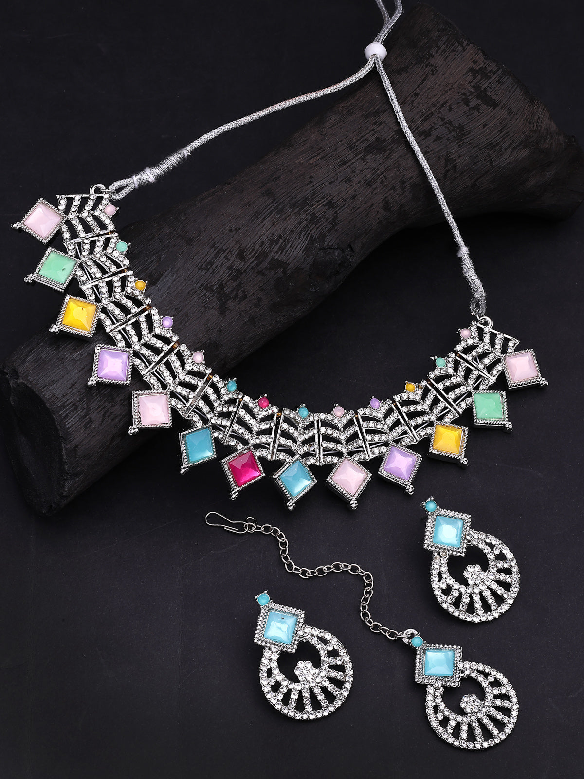 Sukkhi Bewitching Rhodium Plated AD Stones & Beads Choker Necklace Set With Earring And Maangtika | Jewellery Set For Women|NS107542