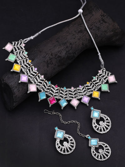 Sukkhi Bewitching Rhodium Plated AD Stones & Beads Choker Necklace Set With Earring And Maangtika | Jewellery Set For Women|NS107542