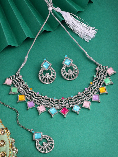 Sukkhi Bewitching Rhodium Plated AD Stones & Beads Choker Necklace Set With Earring And Maangtika | Jewellery Set For Women|NS107542