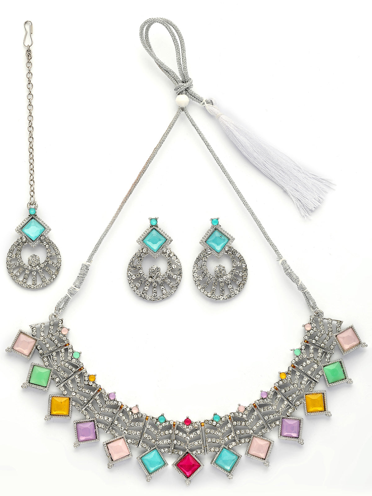 Sukkhi Bewitching Rhodium Plated AD Stones & Beads Choker Necklace Set With Earring And Maangtika | Jewellery Set For Women|NS107542