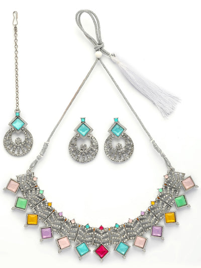 Sukkhi Bewitching Rhodium Plated AD Stones & Beads Choker Necklace Set With Earring And Maangtika | Jewellery Set For Women|NS107542