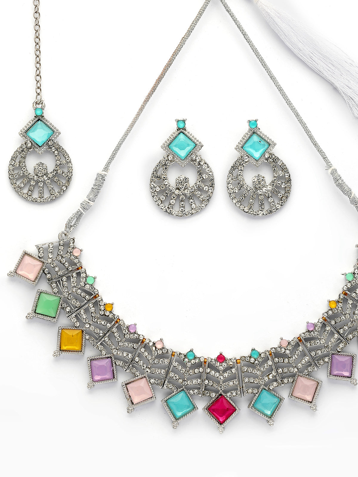 Sukkhi Bewitching Rhodium Plated AD Stones & Beads Choker Necklace Set With Earring And Maangtika | Jewellery Set For Women|NS107542