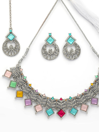 Sukkhi Bewitching Rhodium Plated AD Stones & Beads Choker Necklace Set With Earring And Maangtika | Jewellery Set For Women|NS107542