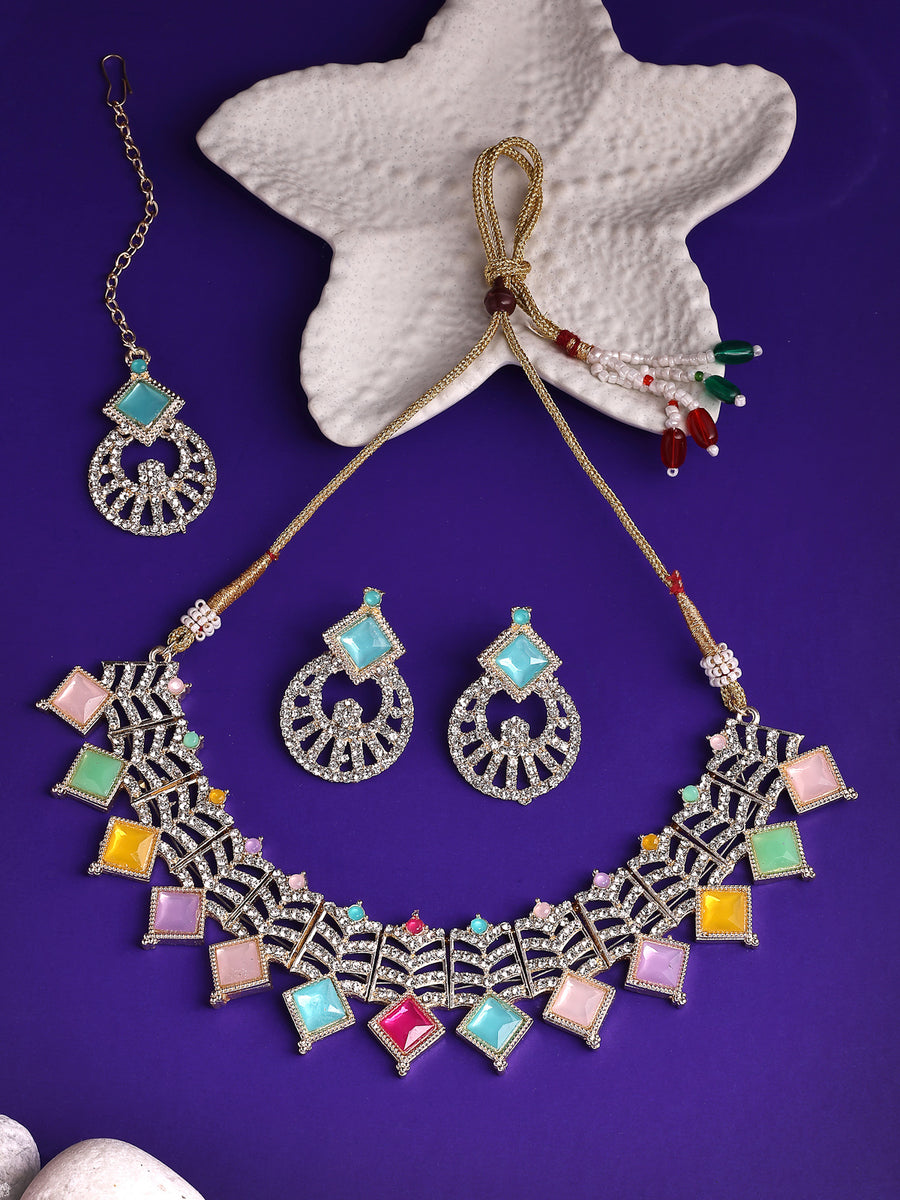 Sukkhi Decent Gold Plated AD Stones & Beads Choker Necklace Set With Earring And Maangtika | Jewellery Set For Women|NS107543