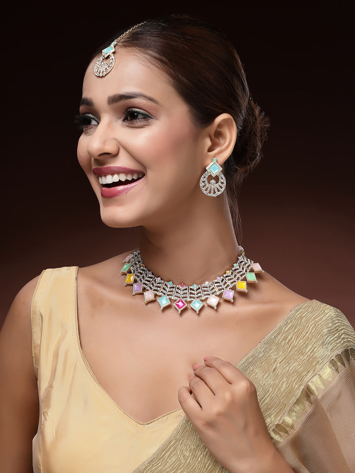 Sukkhi Decent Gold Plated AD Stones & Beads Choker Necklace Set With Earring And Maangtika | Jewellery Set For Women|NS107543