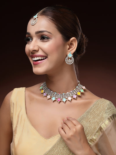 Sukkhi Decent Gold Plated AD Stones & Beads Choker Necklace Set With Earring And Maangtika | Jewellery Set For Women|NS107543