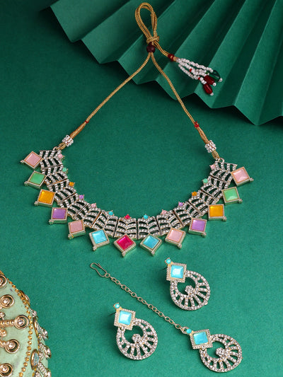 Sukkhi Decent Gold Plated AD Stones & Beads Choker Necklace Set With Earring And Maangtika | Jewellery Set For Women|NS107543