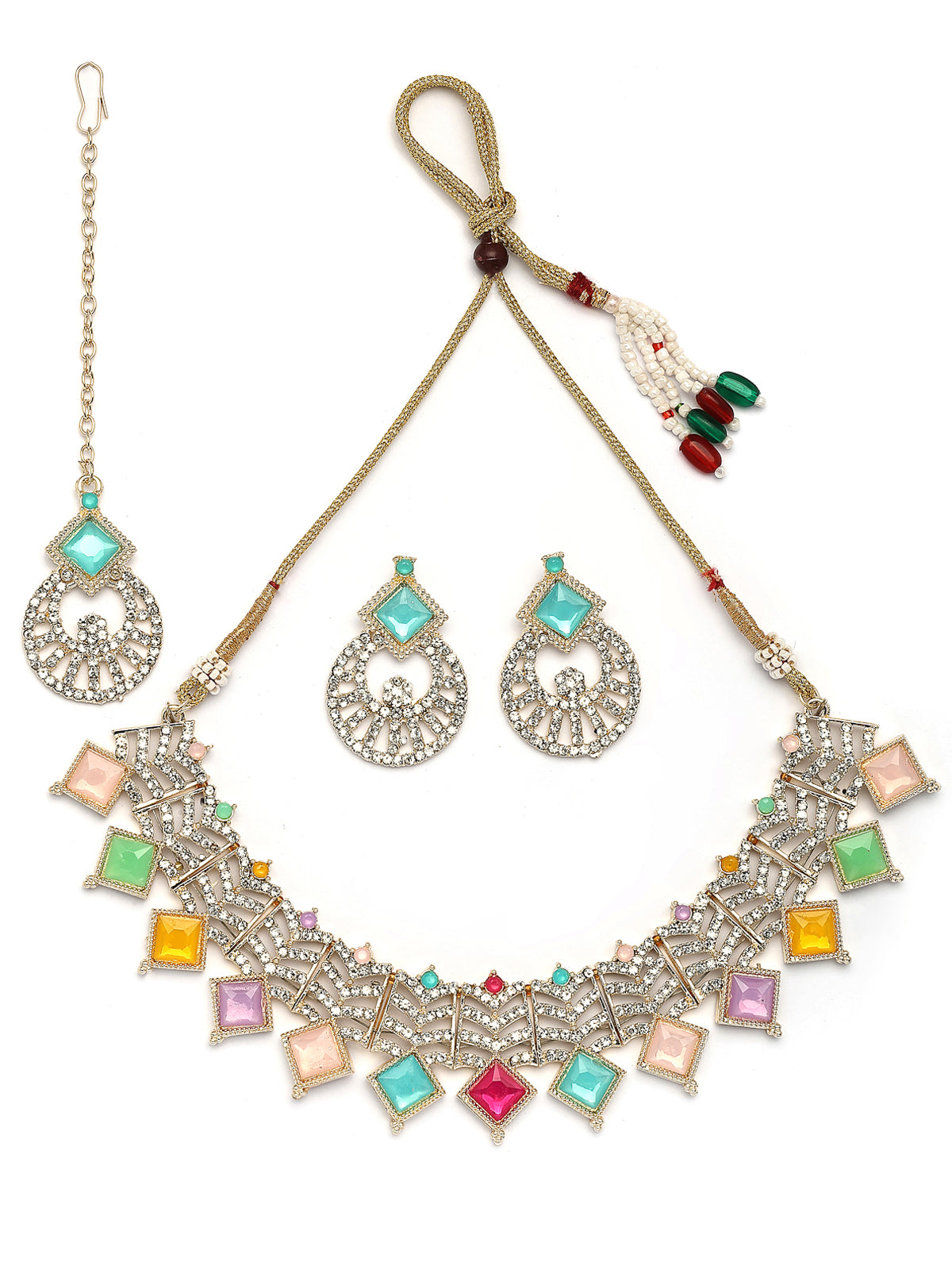 Sukkhi Decent Gold Plated AD Stones & Beads Choker Necklace Set With Earring And Maangtika | Jewellery Set For Women|NS107543