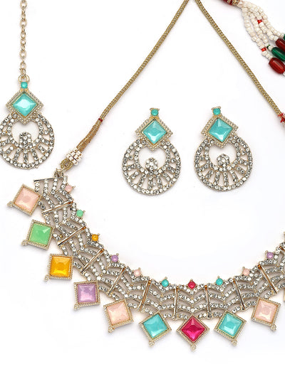 Sukkhi Decent Gold Plated AD Stones & Beads Choker Necklace Set With Earring And Maangtika | Jewellery Set For Women|NS107543