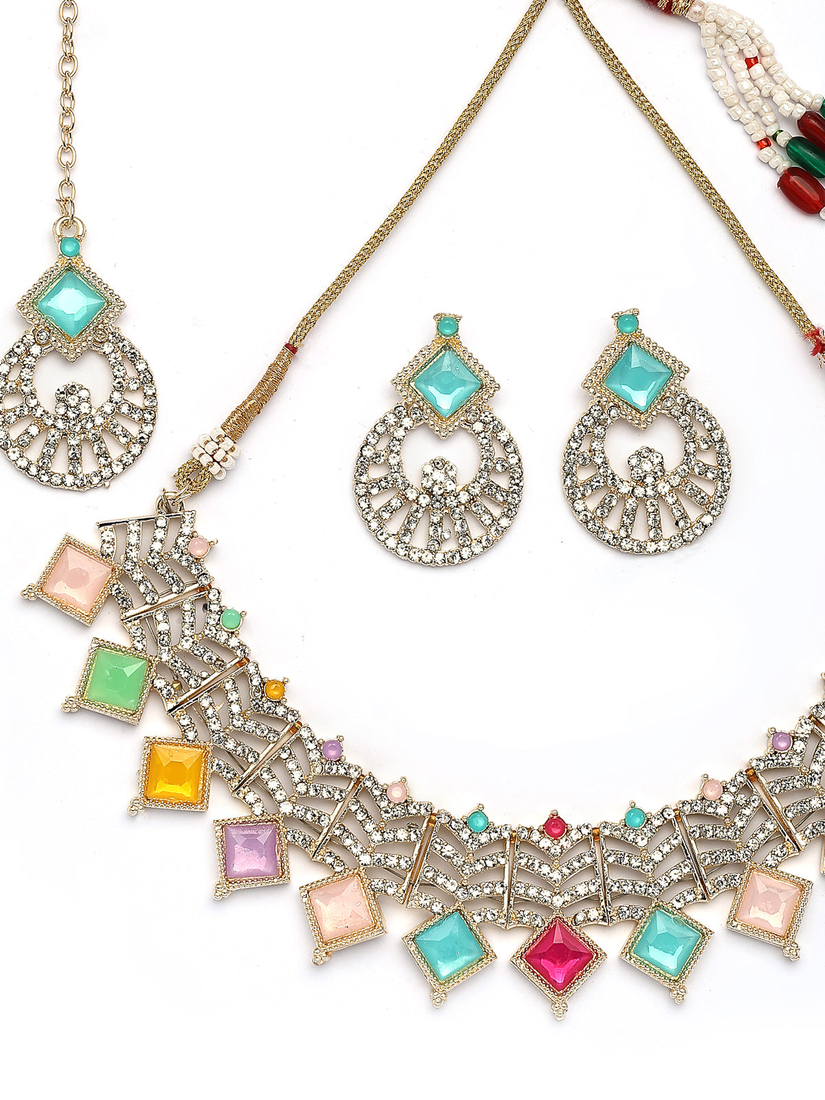 Sukkhi Decent Gold Plated AD Stones & Beads Choker Necklace Set With Earring And Maangtika | Jewellery Set For Women|NS107543