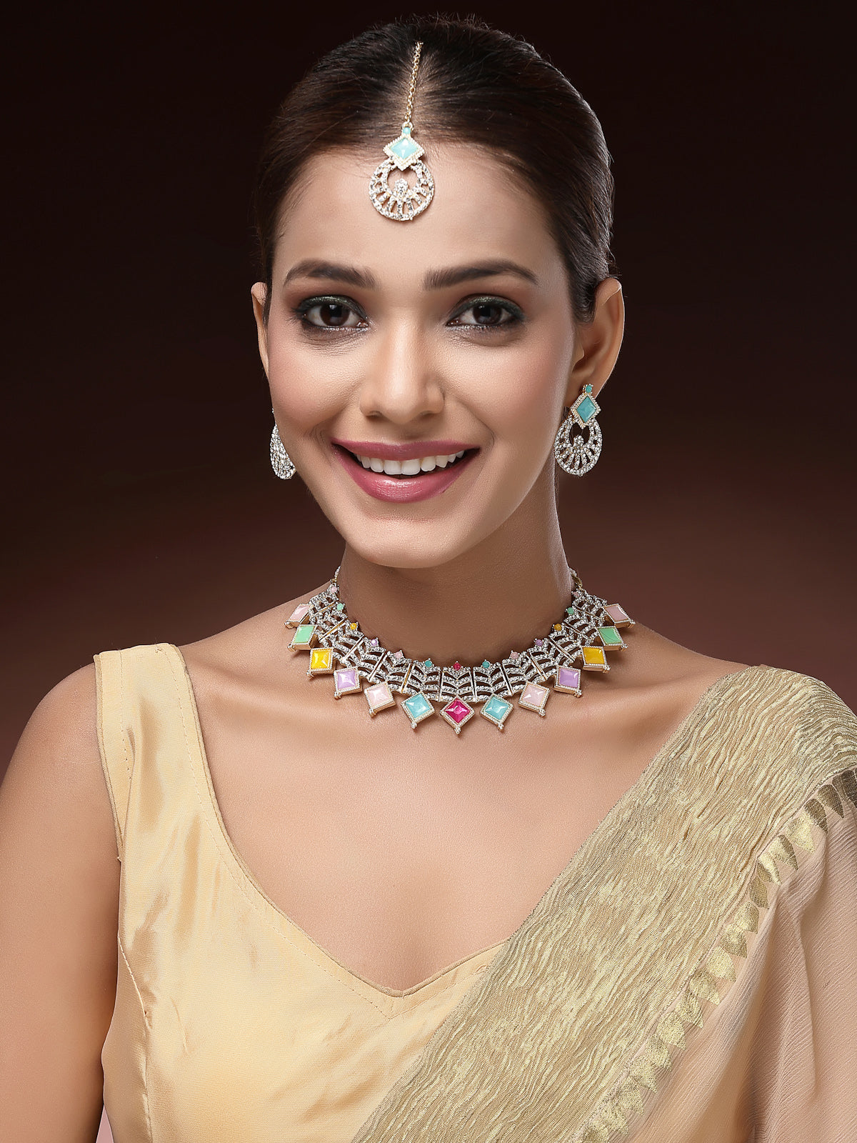 Sukkhi Decent Gold Plated AD Stones & Beads Choker Necklace Set With Earring And Maangtika | Jewellery Set For Women|NS107543