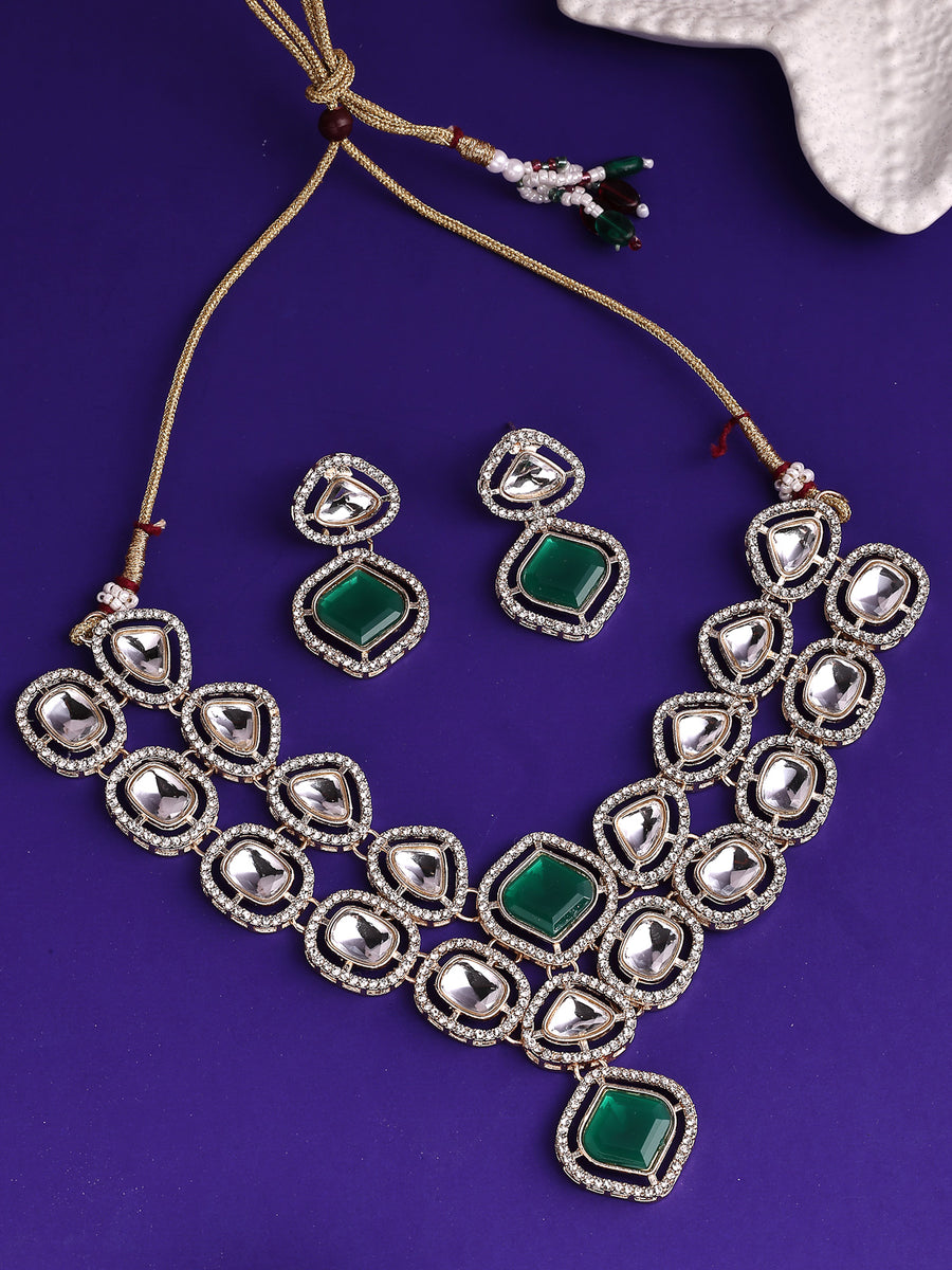 Sukkhi Trendy Stylish Gold Plated AD Stones Studded Choker Necklace Set with Drop Earrings Jewellery for Women & Girls|Jewellery for Party, Wedding, and Festive Occasions for Women|NS107544