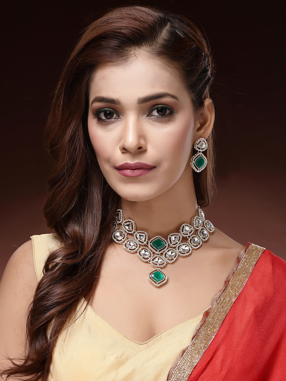 Sukkhi Trendy Stylish Gold Plated AD Stones Studded Choker Necklace Set with Drop Earrings Jewellery for Women & Girls|Jewellery for Party, Wedding, and Festive Occasions for Women|NS107544