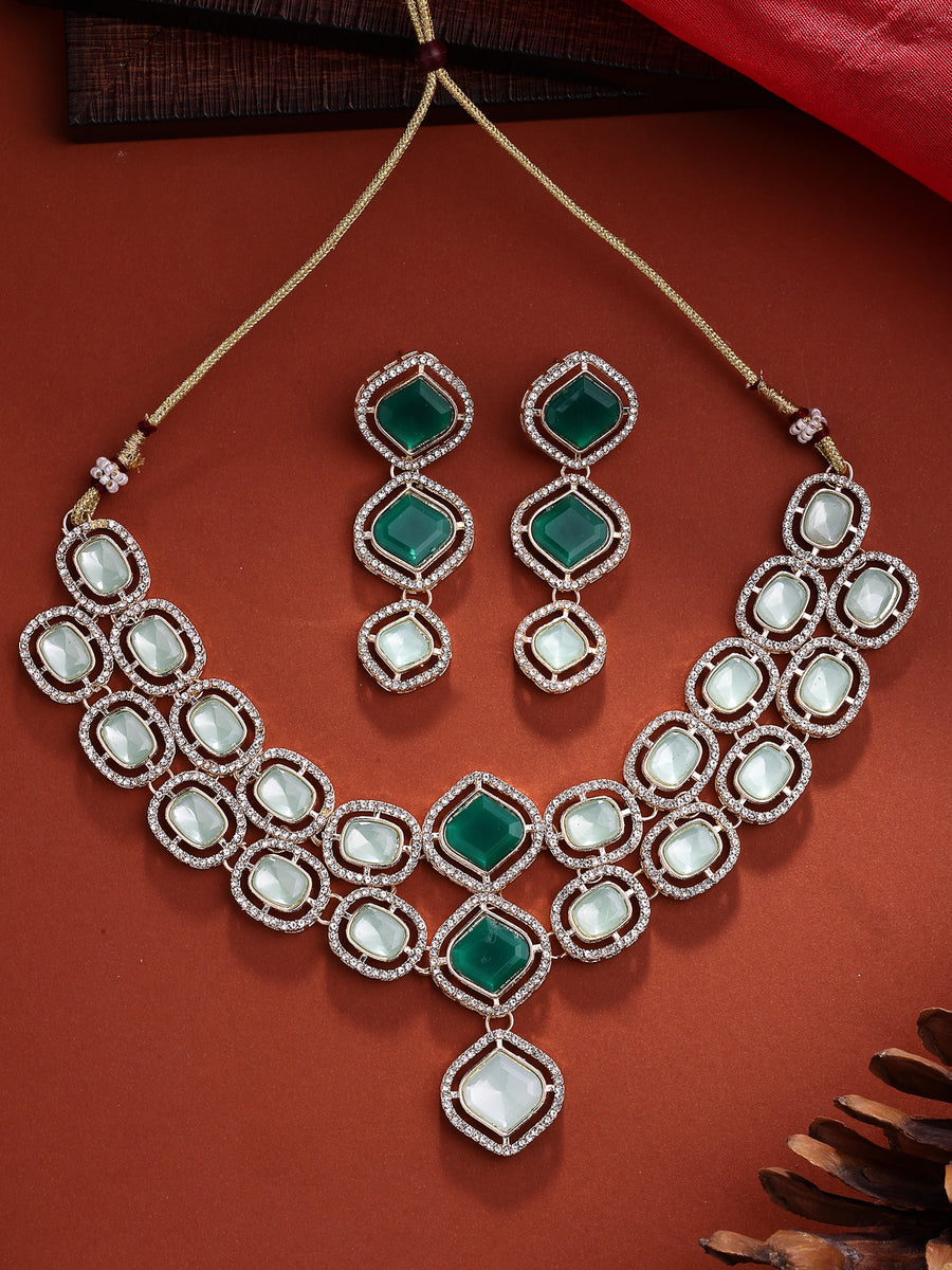 Sukkhi Charming Gold Plated AD Stones Studded Choker Necklace Set with Dangle Earrings Jewellery for Women & Girls|Jewellery for Party, Wedding, and Festive Occasions for Women|NS107545